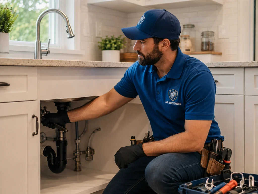 plumber working in a home in san pedro